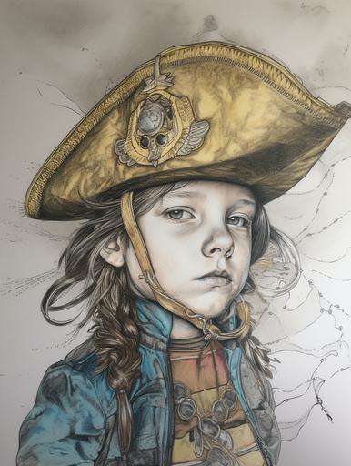 contour line art watercolored pencil with metallic gold, silver and copper leaf, kid pirate wearing corsair hat --ar 3:4 --q 2 --v 5