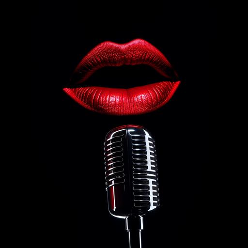 contour silhouette of bright red lips and microphone, black background
