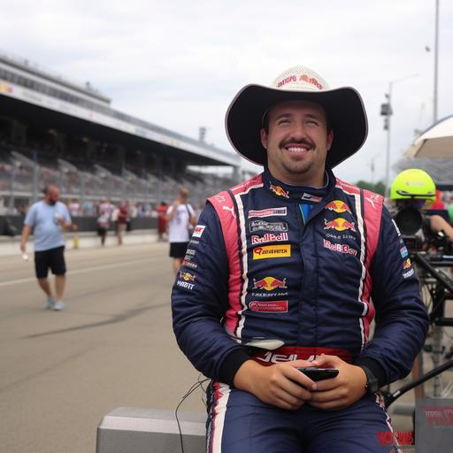 convert to obese nascar driver wearing fishing bucket hat, double chin moustache and cigarette, indy speedway in background, realistic photo
