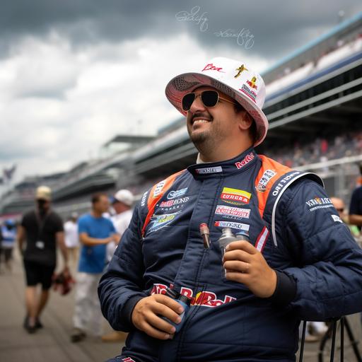convert to obese nascar driver wearing fishing bucket hat, double chin moustache and cigarette, indy speedway in background, realistic photo