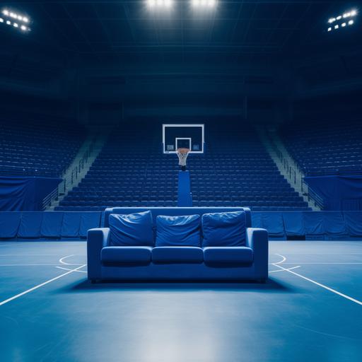 a blue couch courtside in an empty basketball stadium