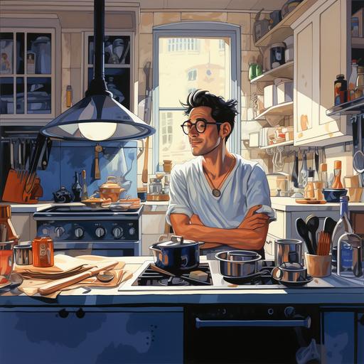 cook, french young chef, wearing nigel carbourn denim, in the kitchen, paris, cartoon, mood, funny, singing while cooling, 30 years old, looks like serge gainsbourg, wearing glasses, little tanned, half samoan, muscle fit, slick back hair