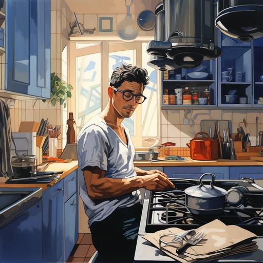 cook, french young chef, wearing nigel carbourn denim, in the kitchen, paris, cartoon, mood, funny, singing while cooling, 30 years old, looks like serge gainsbourg, wearing glasses, little tanned, half samoan, muscle fit, slick back hair