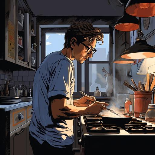 cook, french young chef, wearing nigel carbourn denim, in the kitchen, paris, cartoon, mood, 30 years old, looks like serge gainsbourg, wearing glasses, little tanned, half samoan