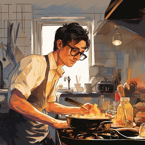 cook, french young chef, wearing nigel carbourn denim, in the kitchen, paris, cartoon, mood, 30 years old, looks like serge gainsbourg, wearing glasses, little tanned