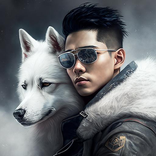 cool asian guy with bombard jacket and sunglasses hugging a white wolf pet photorealistic futuristic