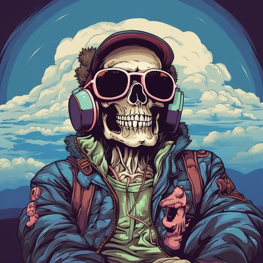 cool cartoon drawing skeleton aviator jacket and sunglasses in a plane with clouds