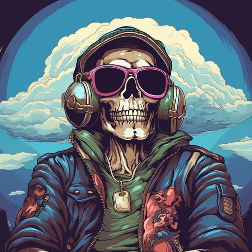 cool cartoon drawing skeleton aviator jacket and sunglasses in a plane with clouds