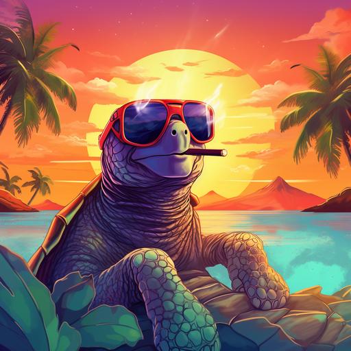 cool cartoon turtle with sunglasses siitting under palm tree smoking joint on tropical island ocean sunset background bright colors