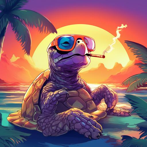 cool cartoon turtle with sunglasses siitting under palm tree smoking joint on tropical island ocean sunset background bright colors