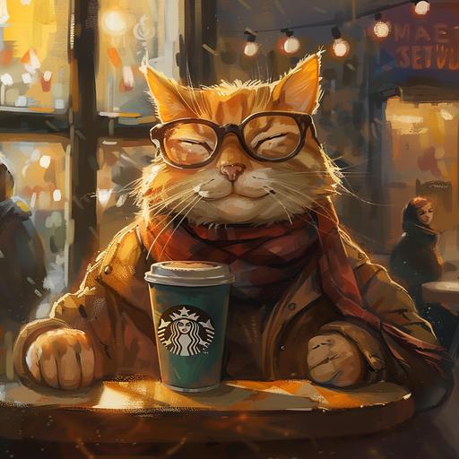 cool cat with glasses sitting in the cafe drinking starbucks coffee