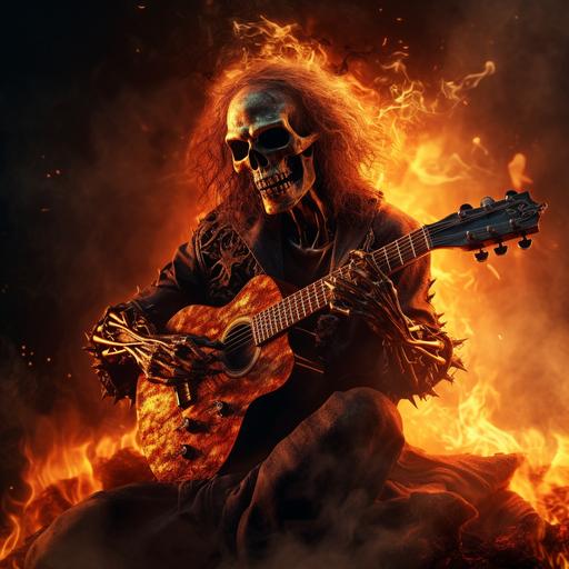 cool demon skeleton playing guitar in hell with fire around him, cool, death metal, hd, 4k