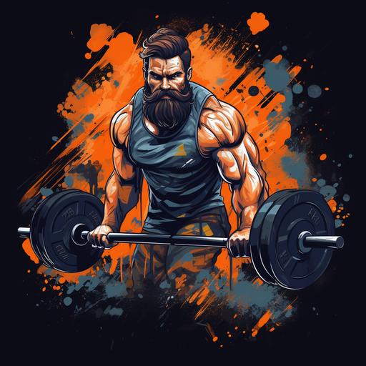 cool gym T-shirt design that would be used for crossfit. Colours could include black, orange, white or camouflage. Short sleeve Tshirt. Show it on a model doing a clean and jerk with a barbell.