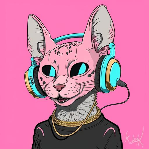 cool light pink cat with tattoos, facing right, wearing a black turtleneck with a gold chain and black headphones, DJ, radio, digital illustration, cartoon, light blue background, blue and pink neon lighting, insanely detailed, 2d art