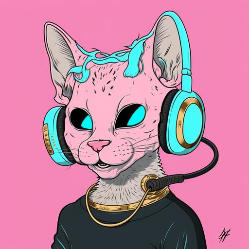 cool light pink cat with tattoos, facing right, wearing a black turtleneck with a gold chain and black headphones, DJ, radio, digital illustration, cartoon, light blue background, blue and pink neon lighting, insanely detailed, 2d art