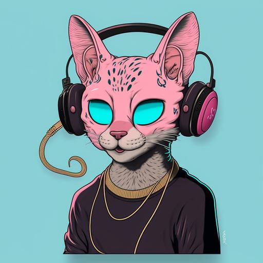 cool light pink cat with tattoos, wearing a black turtleneck with a gold chain and black headphones, DJ, radio, digital illustration, cartoon, light blue background, blue and pink neon lighting, insanely detailed, 2d art