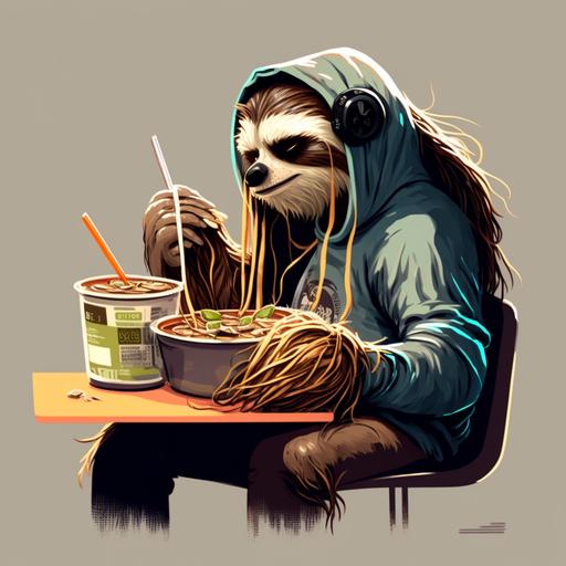 cool long haired sloth in streetwear clothing listening to headphones animated cartoon art eating noodles