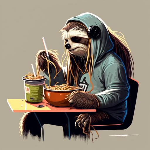cool long haired sloth in streetwear clothing listening to headphones animated cartoon art eating noodles