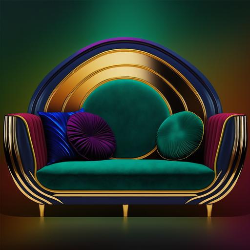 cool pop art deco sofa, jewel-toned colors, product photo, 8k high resolution