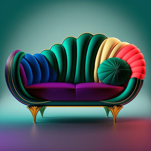cool pop art deco sofa, jewel-toned colors, product photo, 8k high resolution