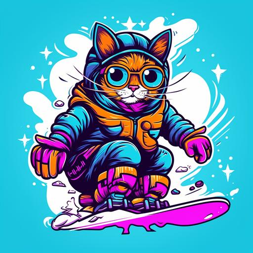 cool snowboarding scene, snowboarding cat, cartoon style, thick lines, vibrant, cat wearing ski mask, full body art