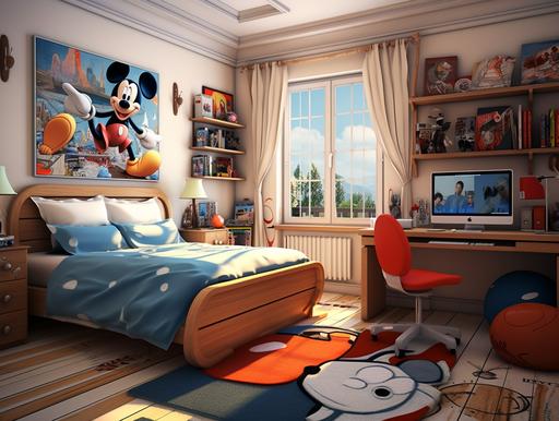 cool teenage boy’s bedroom in disney cartoon style with comfy bed, sports posters and computer --ar 4:3