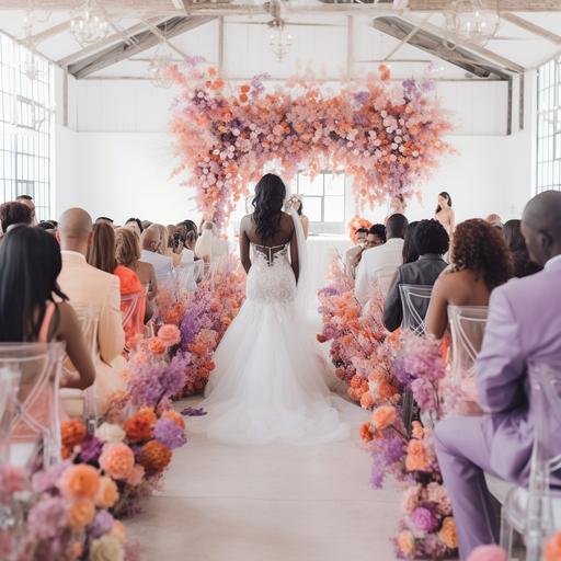 coral and lilac florals for a spring wedding ceremony inside of a white barn with clear acrylic chairs and an african american wedding party