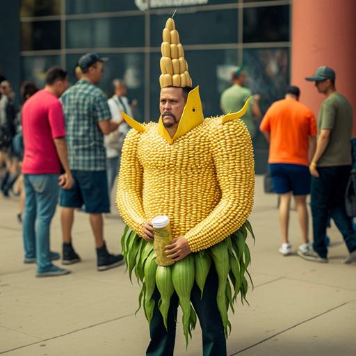 corn costumed man in public