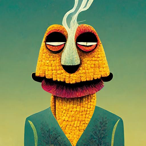 anthropomorphic corn smoking a blunt, cartoon style