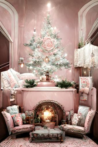 corner room, pink and white pearl and silver wallpaper, large christmas tree, christmas lights, ornate fireplace, ornate windows, presents, cozy, pretty, victorian sofa, --ar 2:3