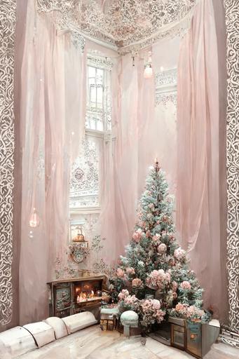 corner room, pink and white pearl and silver wallpaper, large christmas tree, christmas lights, ornate fireplace, ornate windows, presents, cozy, pretty, victorian sofa, --ar 2:3