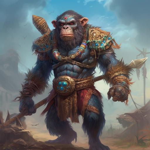 corolful fantasy skinny mad ape chimpanzee warrior in super dynamic walking pose, realistic character, dynamic composition, like a movie poster, style of hearthstone and diablo and world of warcraft, artstation, concept art, character design --repeat 5 --s 750 --q 2 --v 5