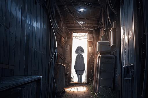 corrugated and corroded, corridor, girl, cutest, secret room, curious face, blue eyes, detailed manga style, seinen, indescribable beauty, eternity --ar 3:2 --niji 5 --style scenic