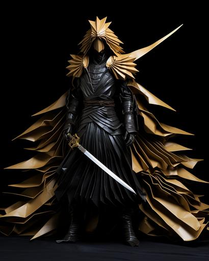 corrugated origami Samurai, golden mirrored paper on black background--s 800 --c 20 --ar 8:10