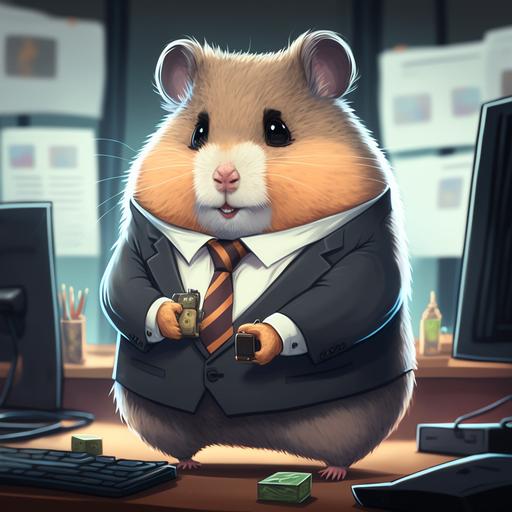 An experienced hamster businessman trades cryptocurrency, cartoon character --v 4