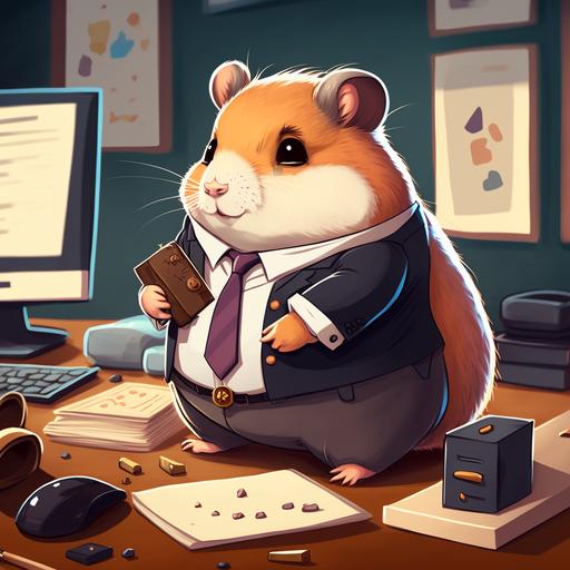 An experienced hamster businessman trades cryptocurrency, cartoon character --v 4