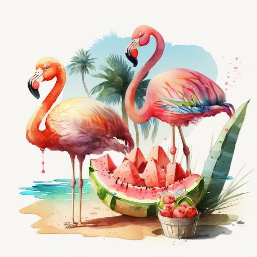 flamingos eating watermelon beach, watercolor clipart --v 4