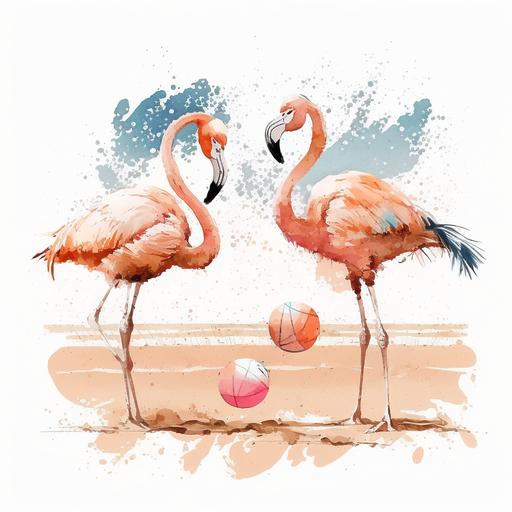 flamingos playing beach volleyball, watercolor, clipart --v 4