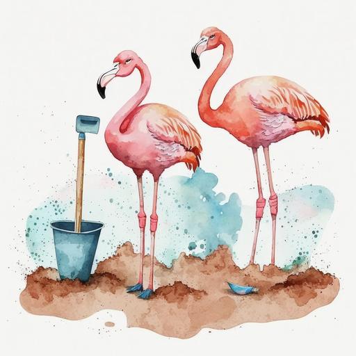 flamingos with beach shovel, watercolor, clipart --v 4