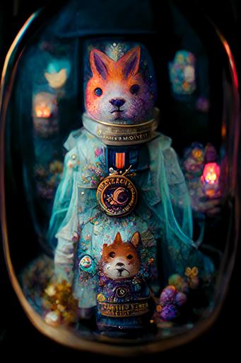 cosmonaut fox nesting doll, twilight, victorian, wearing fancy medals, Miniature Faking, Long Exposure, Electric Colors, Angelic, Lumen Reflections, insanely detailed and intricate, hypermaximalist, elegant, ornate, hyper realistic, super detailed --q 5 --s 2500 --ar 5:7