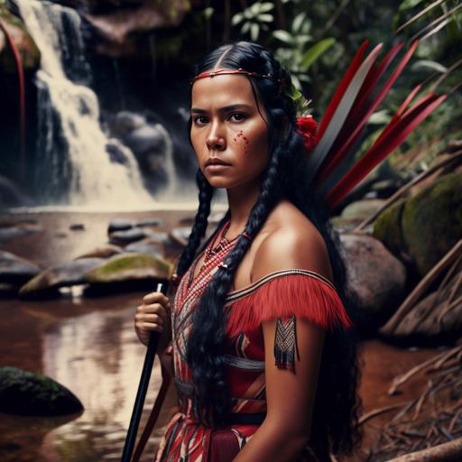 INDIGENOUS CABOCLA WOMAN WITH RED FEATHER FEATHER ON HEAD, LONG BLACK HAIR, HOLDING A CORAL SNAKE, PHOTOREALIST, INDIGENOUS PAINTINGS IN PINK, USING A BOW AND ARROWS, ELEGANT, LUXURIOUS, HARMONIOUS, IN THE BACKGROUND A GREEN FOREST WITH WATERFALL WITH RAYS OF THE FROM THE SUN, SONY A7R IV, 16-35MM F/2.8 LENS, AFTERNOON, PEOPLE PHOTOGRAPHY, DIGITAL CAPTURE, ISO 640, APERTURE F/5, SHUTTER SPEED 1/40S, EMPHASIZING THE BEAUTY OF THE FACE, REFINING THE COLOR BALANCE , EXPOSURE AND SHADOWS IN POST PROCESSING AND CREATING AN ATTRACTIVE AND BALANCED COMPOSITION. 8K, AR 16:9 Q2 V5 Q2