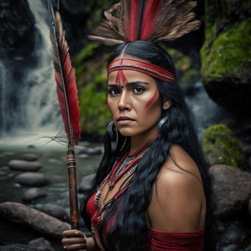 INDIGENOUS CABOCLA WOMAN WITH RED FEATHER FEATHER ON HEAD, LONG BLACK HAIR, HOLDING A CORAL SNAKE, PHOTOREALIST, INDIGENOUS PAINTINGS IN PINK, USING A BOW AND ARROWS, ELEGANT, LUXURIOUS, HARMONIOUS, IN THE BACKGROUND A GREEN FOREST WITH WATERFALL WITH RAYS OF THE FROM THE SUN, SONY A7R IV, 16-35MM F/2.8 LENS, AFTERNOON, PEOPLE PHOTOGRAPHY, DIGITAL CAPTURE, ISO 640, APERTURE F/5, SHUTTER SPEED 1/40S, EMPHASIZING THE BEAUTY OF THE FACE, REFINING THE COLOR BALANCE , EXPOSURE AND SHADOWS IN POST PROCESSING AND CREATING AN ATTRACTIVE AND BALANCED COMPOSITION. 8K, AR 16:9 Q2 V5 Q2