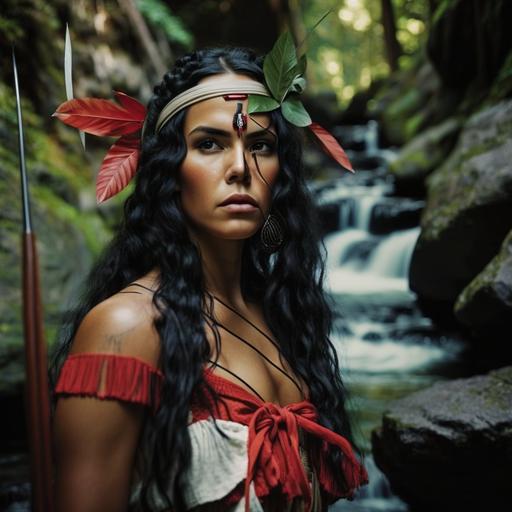 INDIGENOUS WOMAN WITH RED FEATHERS ON HEAD, LONG BLACK HAIR, HOLDING A CORAL SNAKE, PHOTOREALIST, INDIGENOUS PAINTINGS IN PINK, USING A BOW AND ARROWS, ELEGANT, LUXURIOUS, HARMONIOUS, IN THE BACKGROUND A GREEN FOREST WITH WATERFALL WITH RAYS OF THE DOWN SUN, SONY A7R IV, 16-35MM F/2.8 LENS, AFTERNOON, PEOPLE PHOTOGRAPHY, DIGITAL CAPTURE, ISO 640, APERTURE F/5, SHUTTER SPEED 1/40S, EMPHASIZING THE BEAUTY OF THE FACE, REFINING THE COLOR BALANCE, EXPOSURE AND SHADOWS IN POST PROCESSING AND CREATING AN ATTRACTIVE AND BALANCED COMPOSITION. 8K, AR 16:9 Q2 V5 Q2