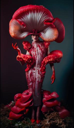 costume design, fashion model, full body, opera, cosplay, mushrooms, fungi, fungus, devil’s fingers, Clathrus archeri, ruby jewel tone color palette, surreal fantasy, drag queen, dreamy, photorealistic, photograph, 4k, hd, cinematic, full body view, dripping diamonds head-to-toes, dramatic fashion photography crystal chain beading fringe sparkling braided rhinestone wig, mesh rhinestone net, hoodie mask, full body view fashion photography beautiful woman wearing a tube-top red red red sheer see-through translucent abstract cut-out pearl and diamond glass jelly collar choker sequin dress --ar 9:16 --niji