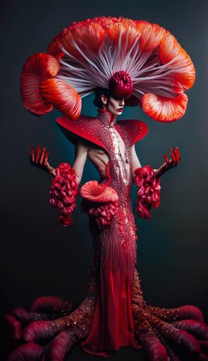 costume design, fashion model, full body, opera, cosplay, mushrooms, fungi, fungus, devil’s fingers, Clathrus archeri, ruby jewel tone color palette, surreal fantasy, drag queen, dreamy, photorealistic, photograph, 4k, hd, cinematic, full body view, dripping diamonds head-to-toes, dramatic fashion photography crystal chain beading fringe sparkling braided rhinestone wig, mesh rhinestone net, hoodie mask, full body view fashion photography beautiful woman wearing a tube-top red red red sheer see-through translucent abstract cut-out pearl and diamond glass jelly collar choker sequin dress --ar 9:16 --niji