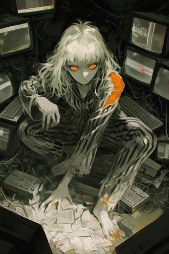 costume with stripes, portrait of a young pale woman, ominous face expression dark contre joure, strong perspective, fisheye, bleak light, dark industrial factory interior, orange eyes, surrounded by 1980 retro computer monitors and hardware, horror comic, dark, noir, black white and yellow, long albino white hair, black and white striped prisoner pajama, close up, Mike Ploog Rumiko Takahashi --ar 2:3 --s 750 --niji 6