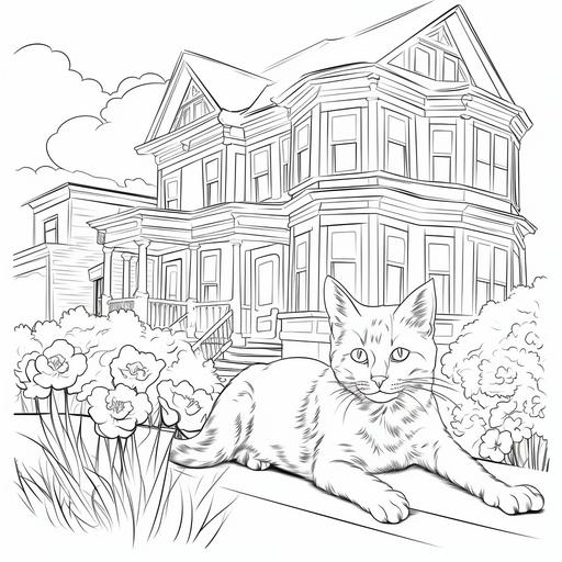 cottagecore crisp coloring page for adults san francisco victorian home with a sleeping cat and cartoon style line art, no color, thick lines, no shadow, no shading, white background, cartoon style, low detail