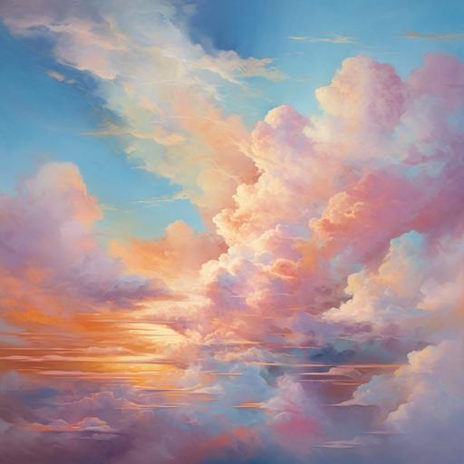 cotton candy clouds, fine art painting, pastels, visible brush strokes