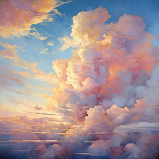 cotton candy clouds, fine art painting, pastels, visible brush strokes