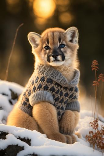 cougar mountain lion cub wearing cute handknitted fairisles dog sweater in deep snow, stunning award-winning nature photography, banff, golden hour --ar 2:3